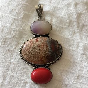 Unique pendant necklace w genuine stones silver